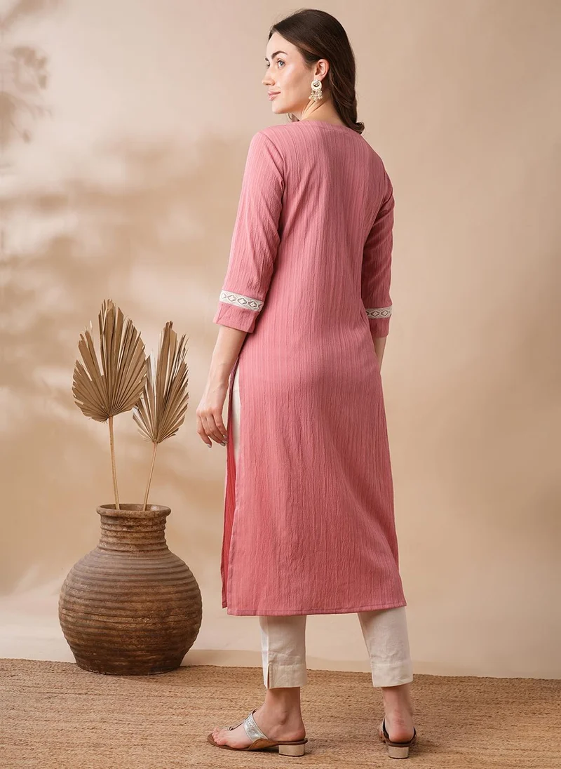 globus  Globus Women Sequinned & Floral Embroidered Yoke Structured Fabric Straight Workwear Kurta for Women | Best Price UAE